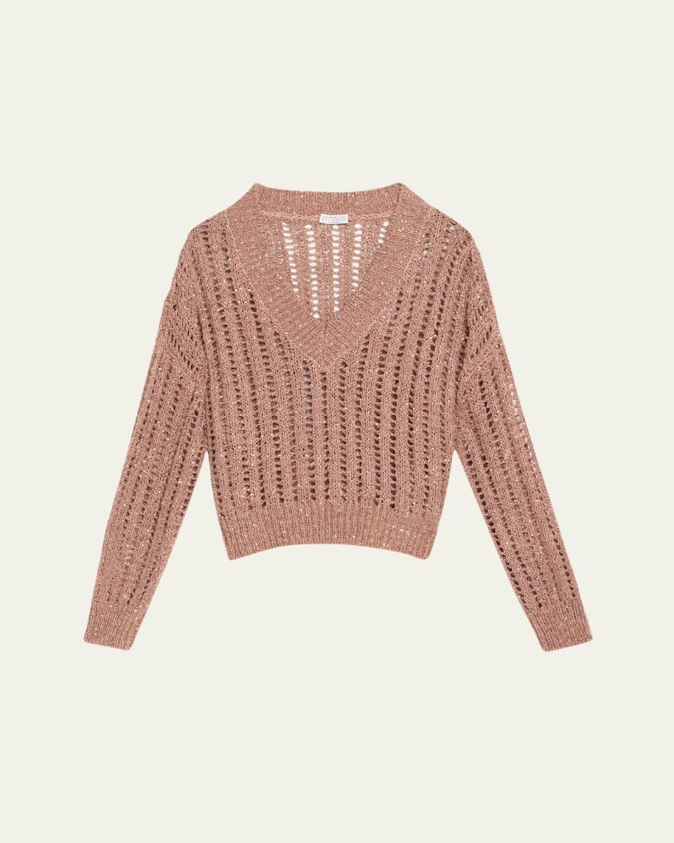Paillette Open Work Ribbed V-Neck Sweat